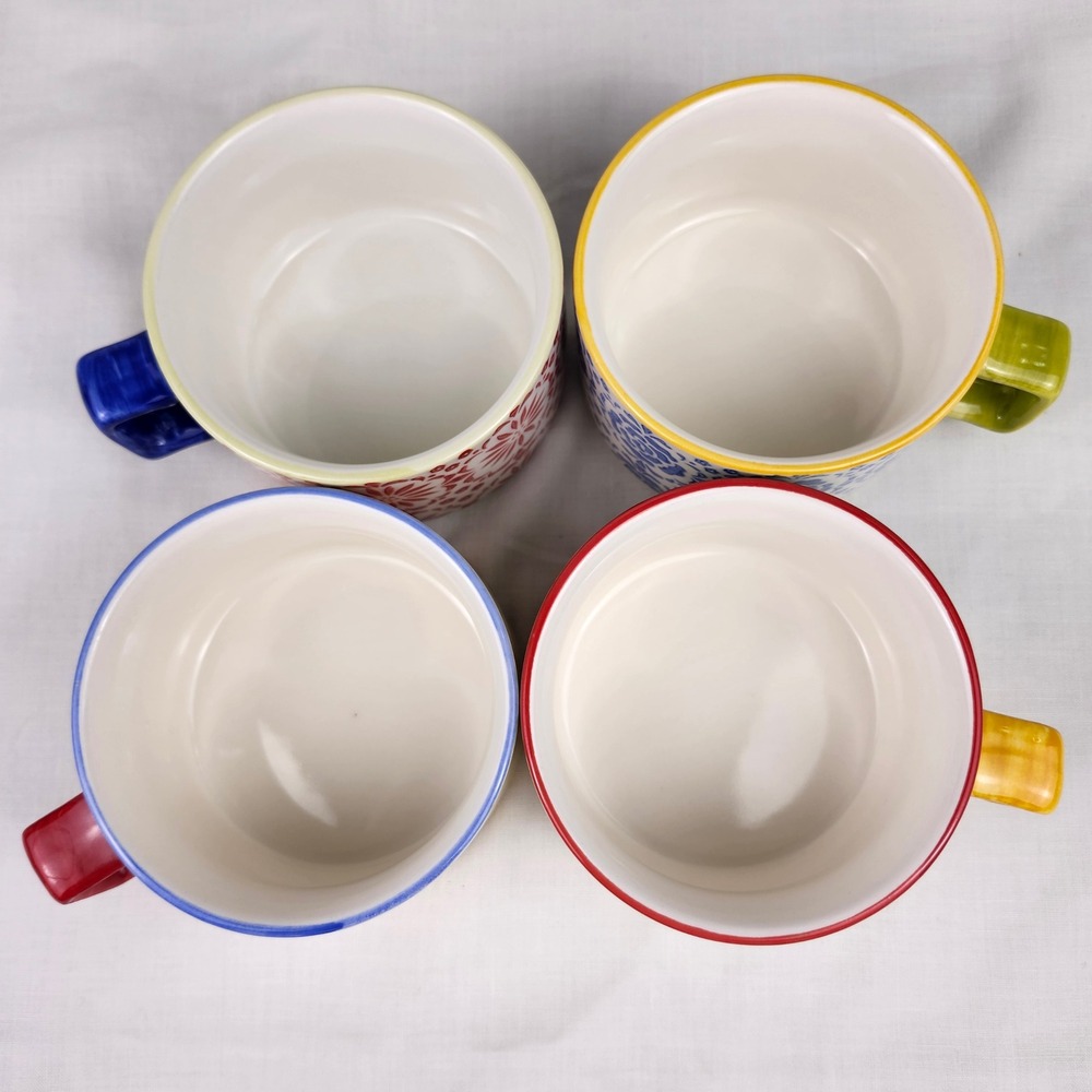 Pier 1 Imports Coffee Mugs Set of 4 Multicolor Floral Hand‎ Painted Stoneware - Picture 2 of 11